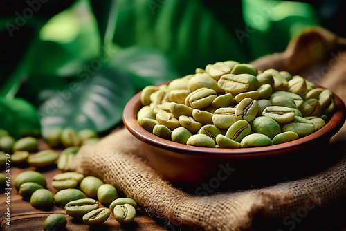 Green coffee beans in a bowl photo