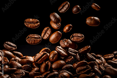 Falling coffee beans on a dark background