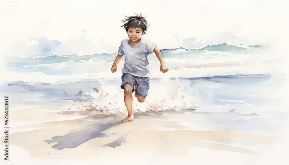 Watercolor Depiction of Joyful kid on the Beach Watercolor Depiction of Joyful kid on the Beach