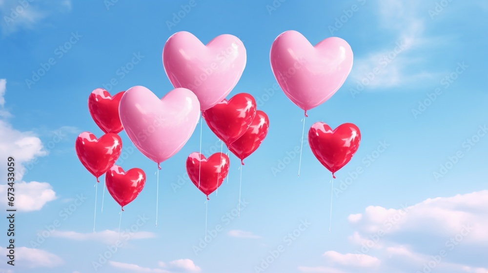 Heart-shaped balloons soaring high against a clear blue sky