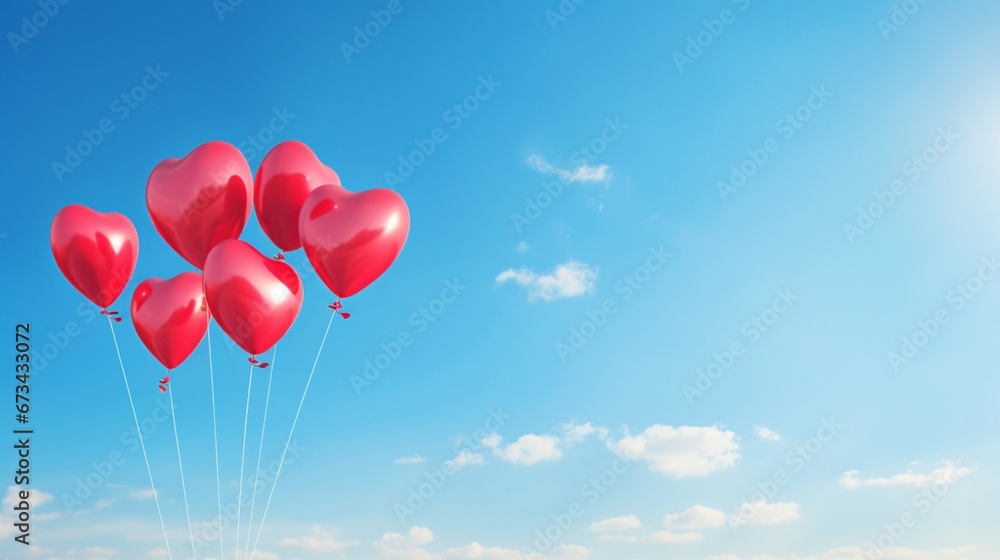 Heart-shaped balloons soaring high against a clear blue sky