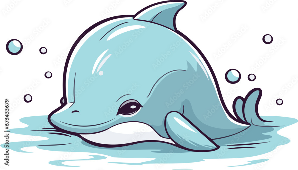 Obraz premium Cute cartoon dolphin swimming in the water. Vector illustration isolated on white background.