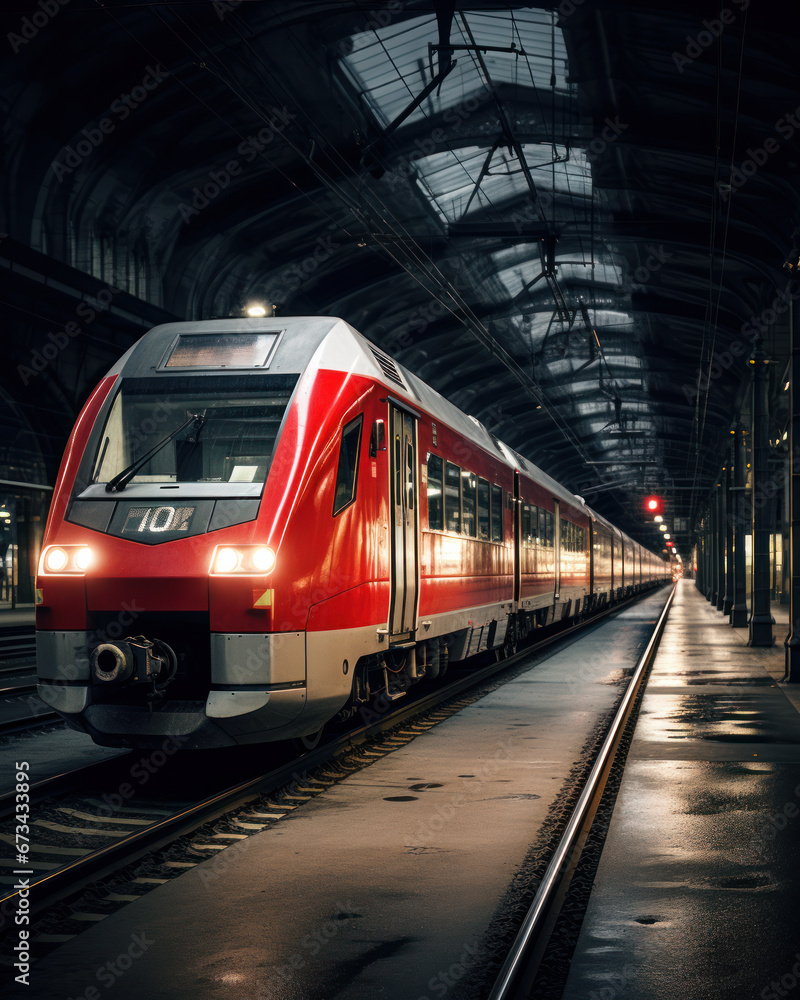Naklejka premium Modern Hi-Speed red Passenger Train at station train terminal