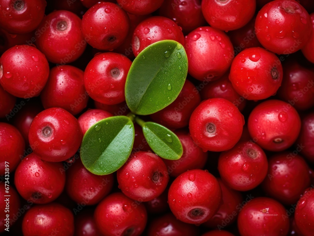 Ripe Lingonberries with Green Leaf, Top View, covered in full screen Ripe Lingonberries with Green Leaf, Top View, covered in full screen
