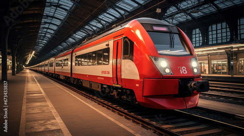 Modern Hi-Speed red Passenger Train at station train terminal photo