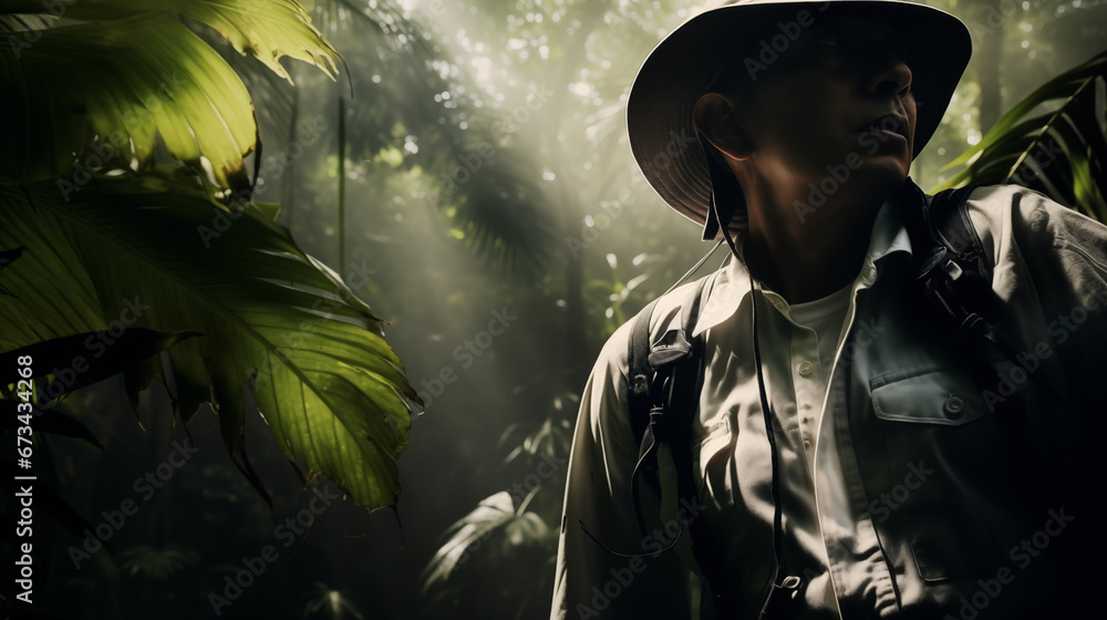 Adventurous man exploring the jungle with a hat and backpack.