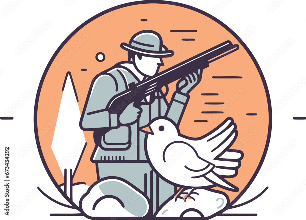 Hunter with a gun and a dove. Vector illustration in thin line style. Hunter with a gun and a dove. Vector illustration in thin line style.