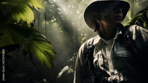 Adventurous man exploring the jungle with a hat and backpack.