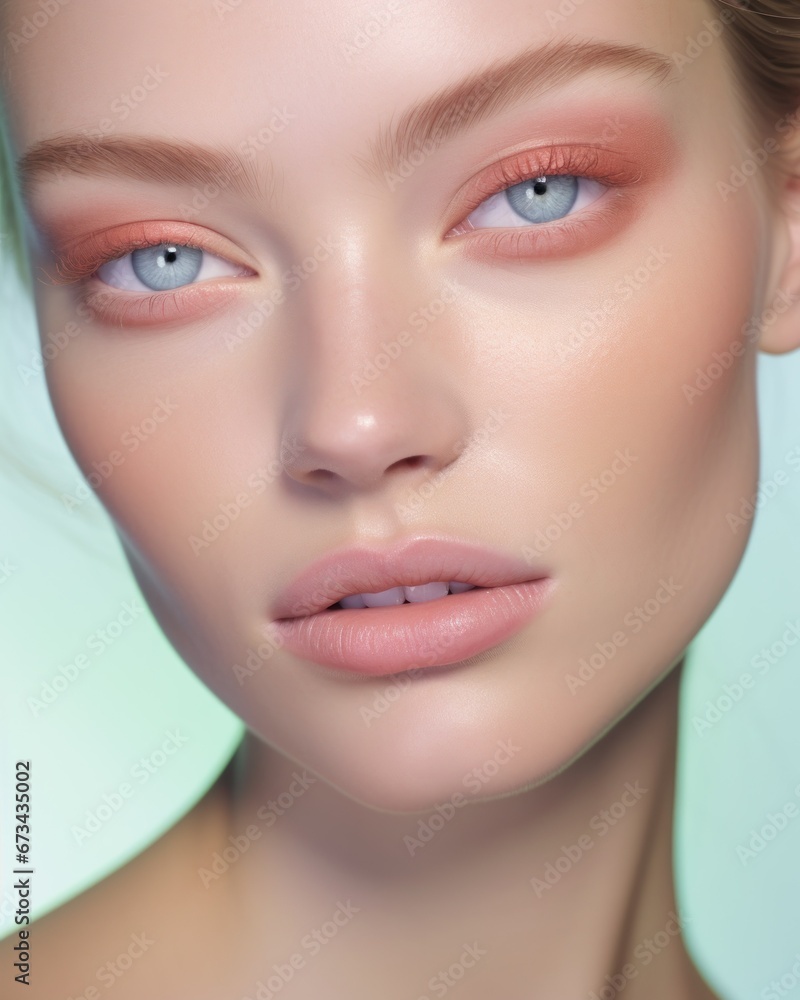A stunning woman with captivating blue eyes and delicate pink makeup, exuding beauty and grace. A stunning woman with captivating blue eyes and delicate pink makeup, exuding beauty and grace.