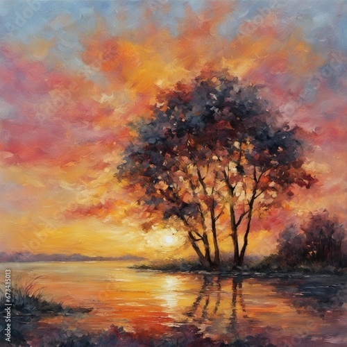 romantic sunset painting, impressionism, contemporary art