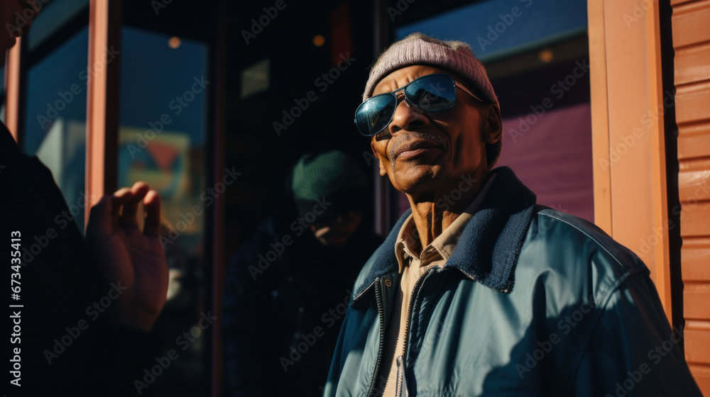 Obraz premium Elderly gentleman sporting sunglasses and headwear.