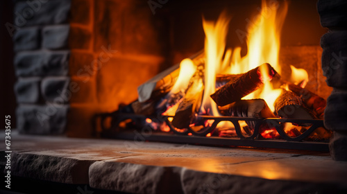 La lueur vive d'un feu de bois dans une cheminée apportant chaleur et confort. photo