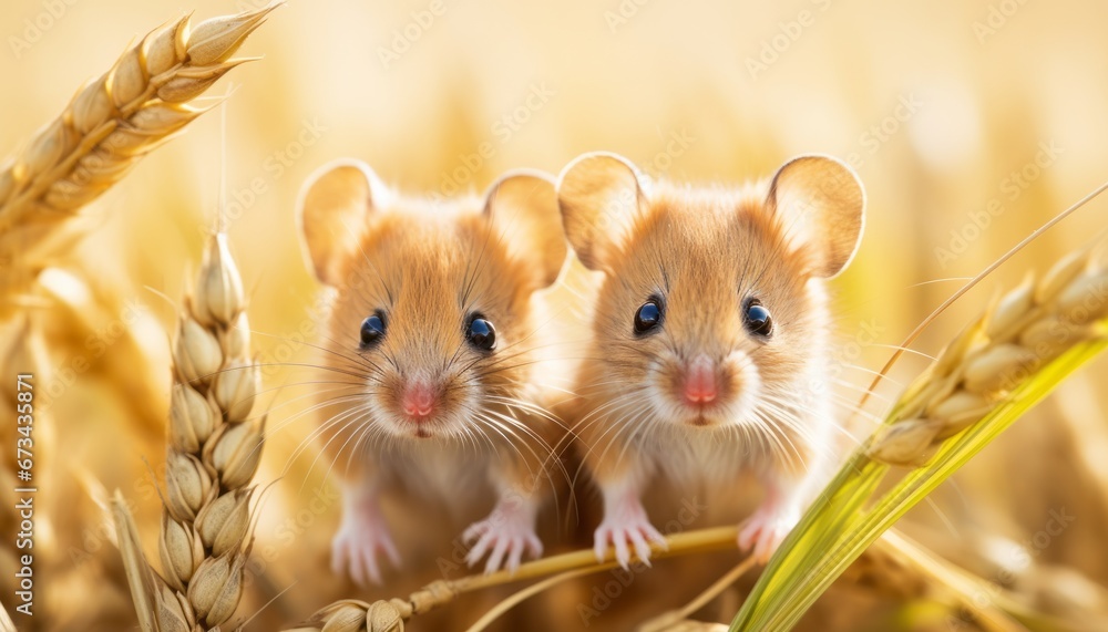 Charming and playful duo of tiny mice enjoying a delightful adventure in a picturesque wheat field - obrazy, fototapety, plakaty 