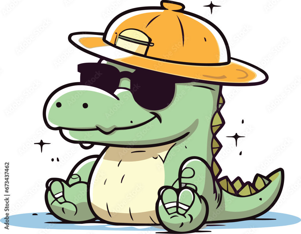 Cute crocodile in a hat and sunglasses. Vector illustration. Cute crocodile in a hat and sunglasses. Vector illustration.