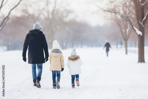 A single father enjoys his two children by sharing quality moments, walking together in the first winter snowfall through a snowy park during the Christmas holidays.copy space