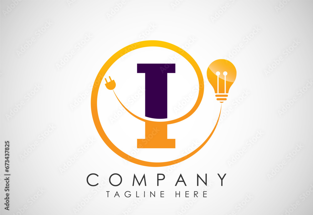 English alphabet I with electric bulb and plug. Electricity, industrial and technology logo English alphabet I with electric bulb and plug. Electricity, industrial and technology logo
