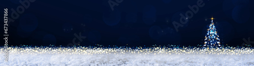 Christmas tree with golden star isolated on blue background.