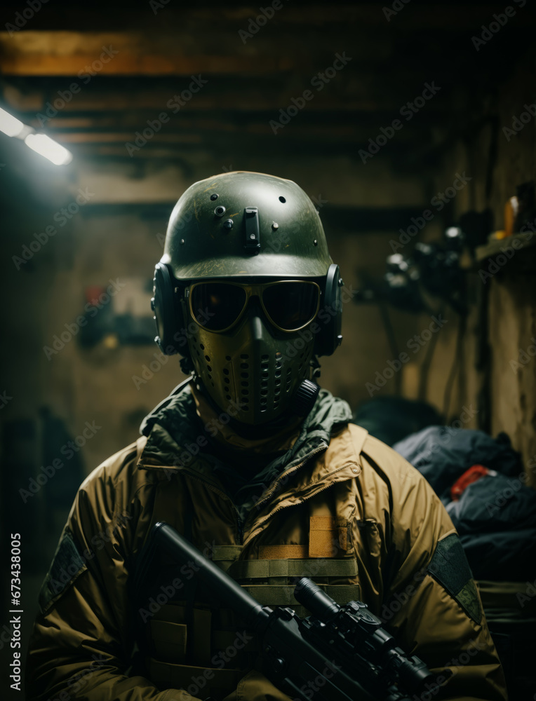 Portrait of a soldier. He is wearing mask, helmet and glasses also he is holding a rifle in the basement. Portrait of a soldier. He is wearing mask, helmet and glasses also he is holding a rifle in the basement.