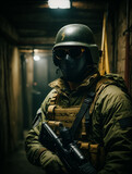 Portrait of a soldier. He is wearing mask, helmet and glasses also he is holding a rifle in the basement.