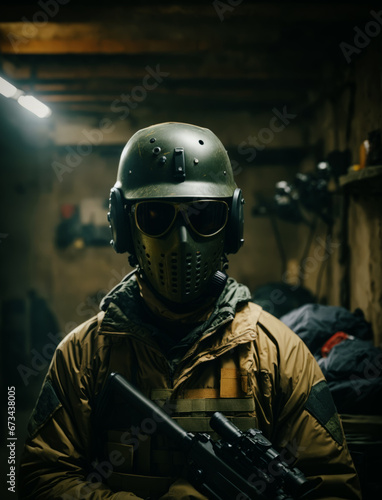 Portrait of a soldier. He is wearing mask, helmet and glasses also he is holding a rifle in the basement.