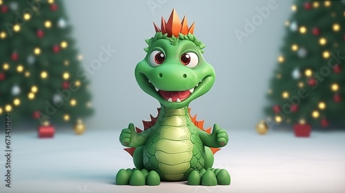 Funny cute green dragon on the background of a Christmas tree. symbol of the new year