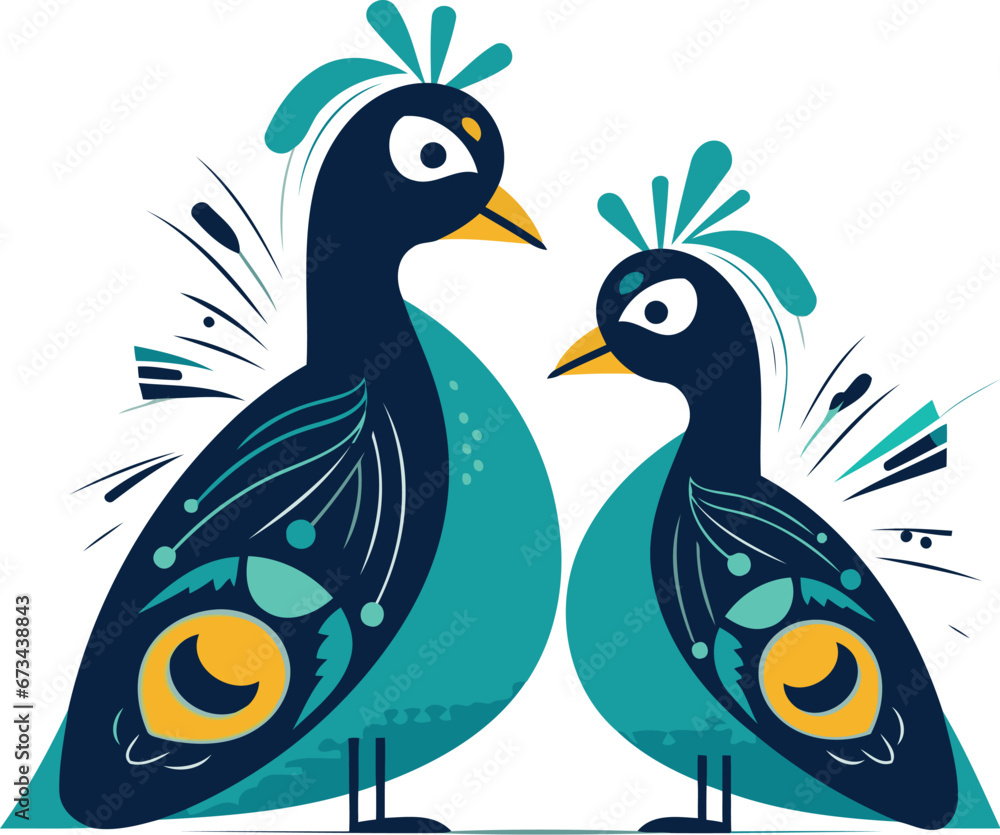 Obraz premium Vector illustration of two peacocks on a white background. Flat style.