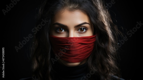 A woman with her mouth tied. Freedom of speech, politicians prohibit speaking and expressing their thoughts, ban on freedom, elections, arbitrariness of politicians, my voice is important photo