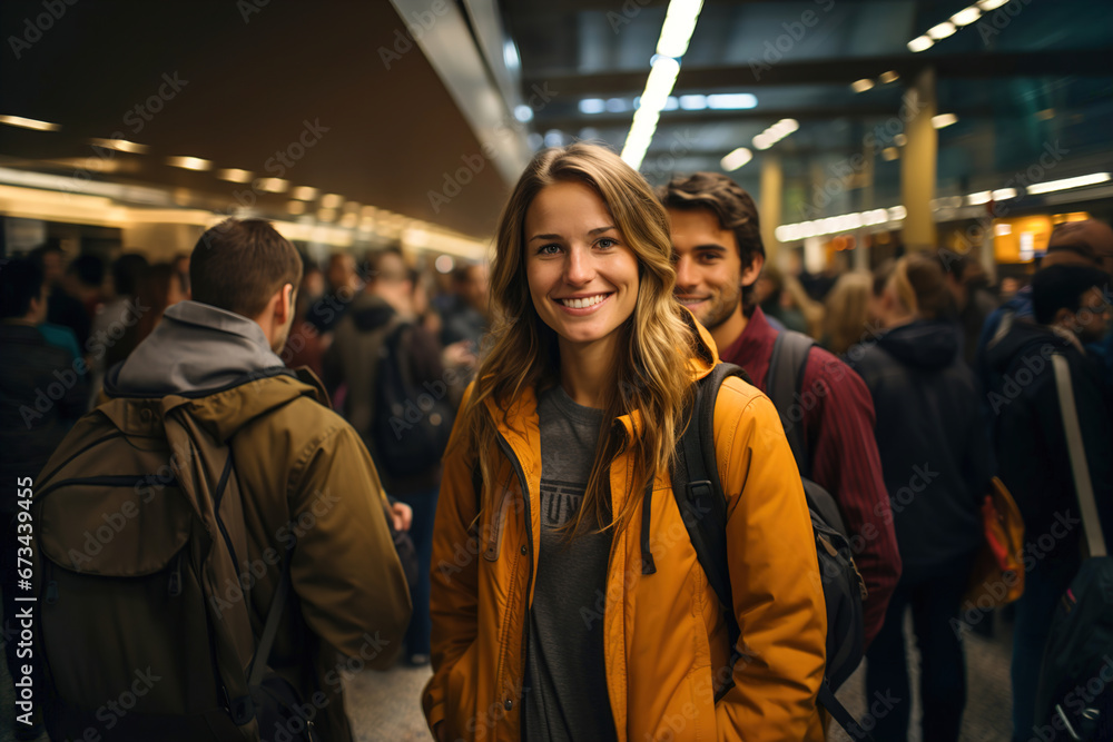Happy young woman standing in a crowd of people at the airport is smiling. - obrazy, fototapety, plakaty 