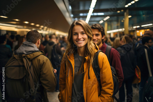 Happy young woman standing in a crowd of people at the airport is smiling. © Degimages