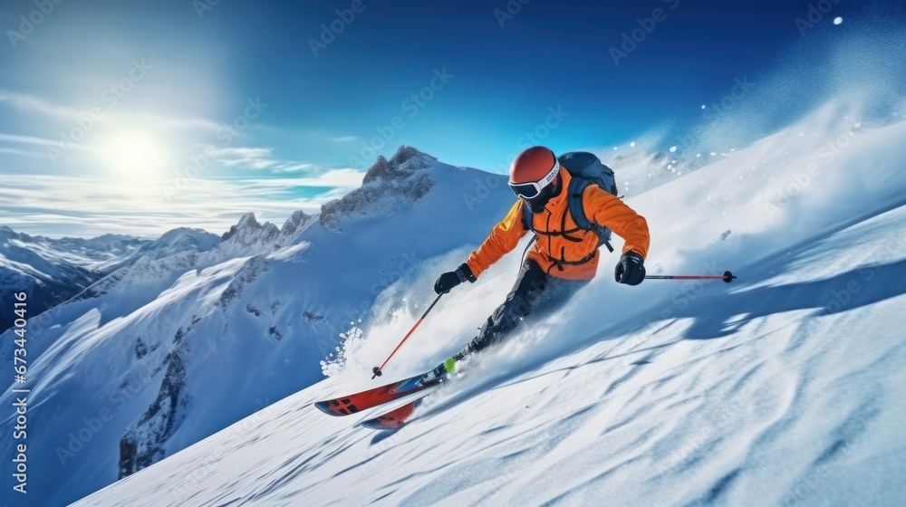 one skier slides down a snowy mountain on a sunny day