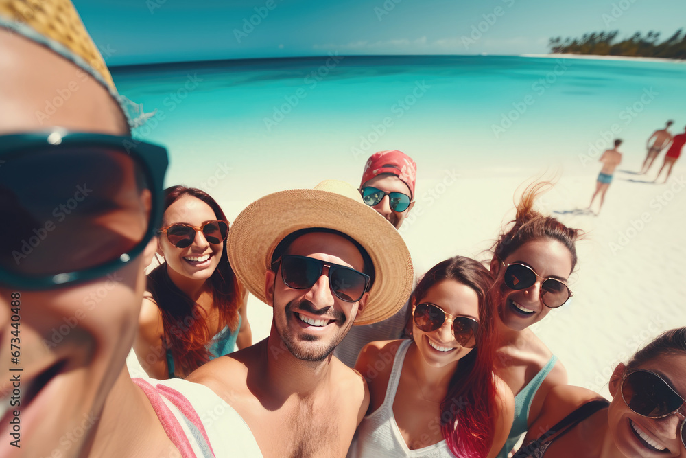 Un selfie d'un groupe d'amis en vacances, heureux, sur une plage