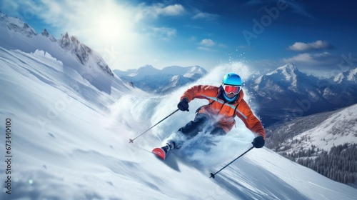 one skier slides down a snowy mountain on a sunny day © Aksana