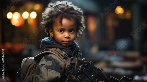 african-american guerrilla child. child dressed as a soldier with guns in his hand. child soldiers. generated with ia photo