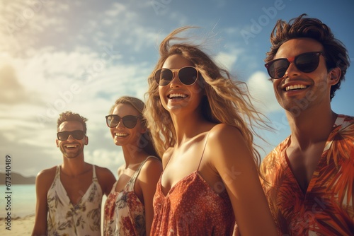 Un groupe d'amis en vacances, heureux, sur une plage
