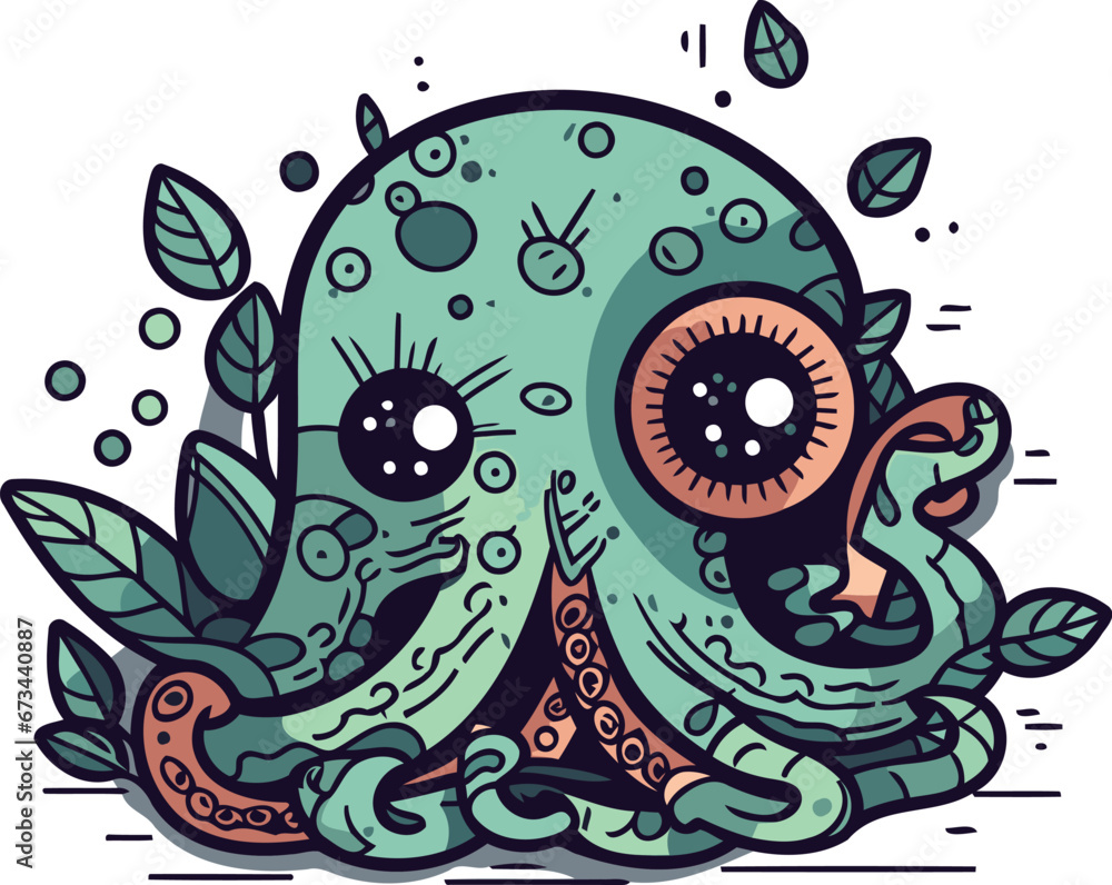 Cute octopus with green eyes and tentacles. Vector illustration.