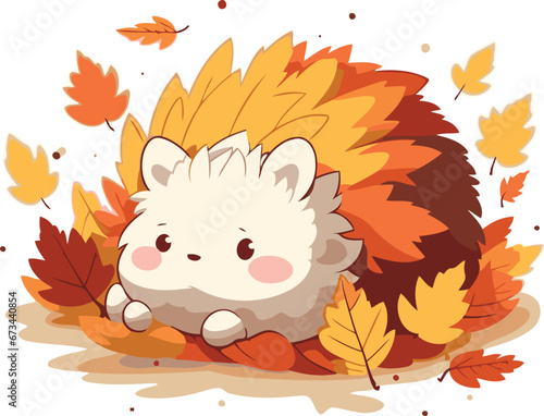 Cute cartoon hedgehog with autumn leaves. Vector illustration on white background.