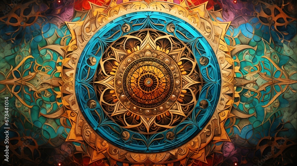 a captivating and intricate mandala, each color tells a unique story in this work of art.