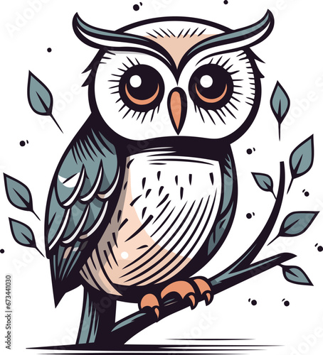 Cute cartoon owl sitting on a branch with leaves. Vector illustration.