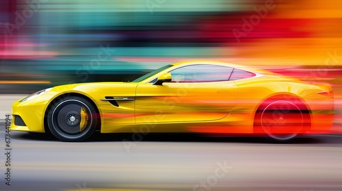 AI generated illustration of a yellow sports car travelling along a roadway