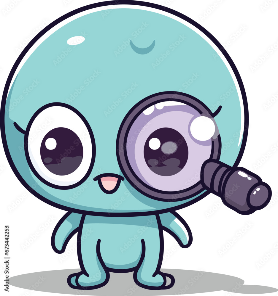 Cute blue eye character with magnifying glass cartoon vector illustration. Cute blue eye character with magnifying glass cartoon vector illustration.