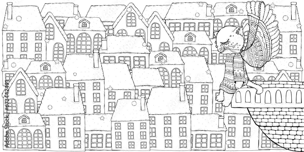A cute angel kitten with wings sits on a balcony looking out over the city. Snow. Christmas, New Year. Black and White Adult Coloring Book Page. Doodle.	