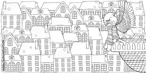 A cute angel kitten with wings sits on a balcony looking out over the city. Snow. Christmas  New Year. Black and White Adult Coloring Book Page. Doodle. 