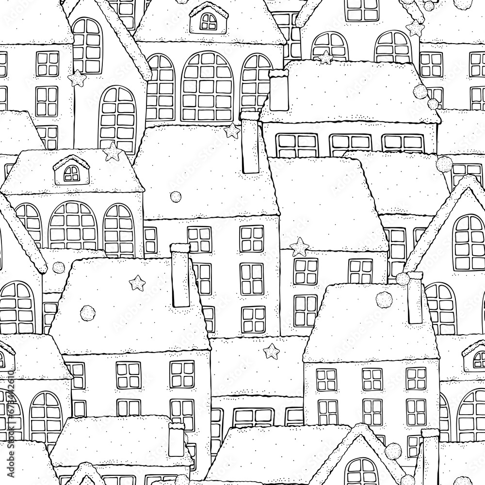 Seamless Pattern for coloring book with artistically houses. Street background. Pattern for coloring book. Zentangle. Black and white pattern in vector.