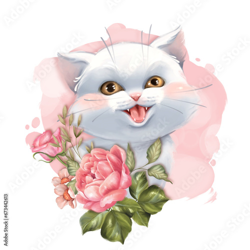 Cute white cat illustration. Kitten with pink rose flowers.