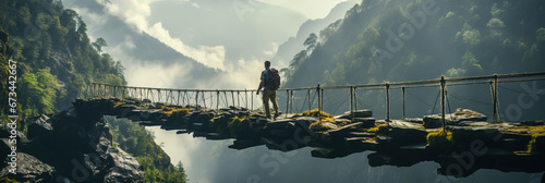 Two people standing on a suspension bridge in the mountains. photo