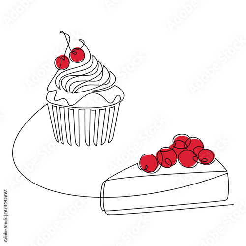 Desserts set vector. Hand drawn illustration. Red cherry cake cheesecake cupcake muffin line continuous drawing. Graphic print, banner, card, logo, sign, bakery symbol, menu, icon. 