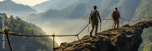 Two people walking on a suspension bridge in the mountains. photo
