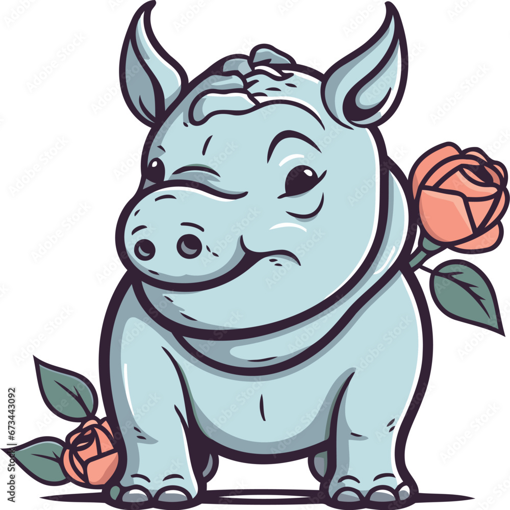 Fototapeta premium Cute rhinoceros with a flower. Vector illustration.