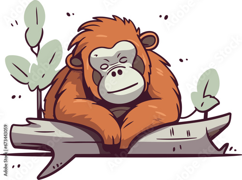 Vector illustration of an orangutan sitting on a log. Isolated on white background.