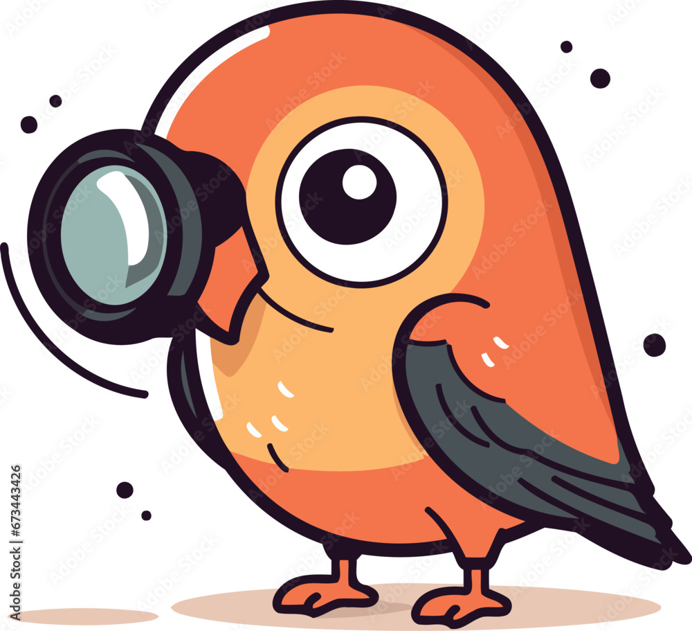 Vector illustration of a cute cartoon bullfinch with magnifying glass. Vector illustration of a cute cartoon bullfinch with magnifying glass.